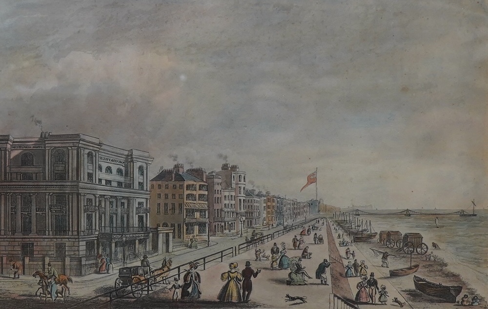19th century, two colour engravings, Brighton views comprising ‘Part of the Western Esplanade’ and ‘East Cliff, Brighton, Storm approaching’, published by C & R Sigmore, largest 19 x 29cm. Condition - fair